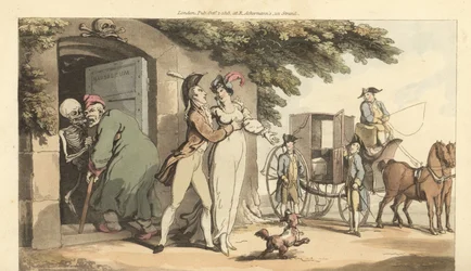 Lo scheletro della Morte conduce un vecchio in un mausoleo, lasciando la sua giovane vedova libera di risposarsi. Incisione colorata a mano disegnata e incisa da Thomas Rowlandson da The English Dance of Death, Ackermann, Londra