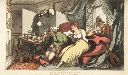 Lo scheletro della Morte versa un bicchiere di vino fatale per il vecchio sciocco Sir Peter durante la sua luna di miele, mentre la sua giovane moglie Julia flirta con il maggiore Henry alla finestra. Incisione colorata a mano disegnata e incisa da Thomas 