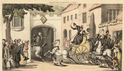 Lo scheletro della Morte cavalca davanti a un tandem alto portando il prossimo erede alla sua rovina sotto un arco basso