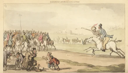 Lo scheletro della Morte cavalca con un uomo verso il traguardo di una pista da corsa, mentre i bambini giocano a lotto. Incisione colorata a mano disegnata e incisa da Thomas Rowlandson da 