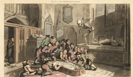 Lo scheletro della Morte osserva gli antiquari esumare il cadavere di un re da una cripta in una chiesa. Incisione colorata a mano disegnata e incisa da Thomas Rowlandson da 