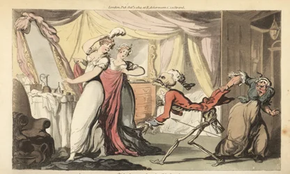 Lo scheletro della Morte con la sua clessidra viene per una bella civetta nella sua camera da letto mentre è vestita per un ballo dai suoi servi. La Morte è vestita con abito e parrucca come un pretendente