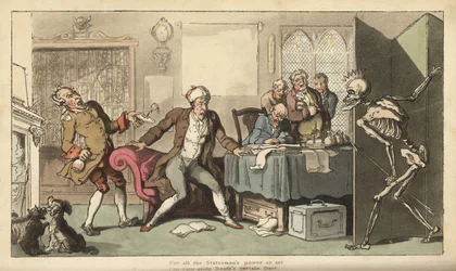 Lo scheletro della Morte sorprende lo statista nel suo ufficio con la sua corona e il dardo emergendo da dietro uno schermo. Incisione colorata a mano disegnata e incisa da Thomas Rowlandson da 