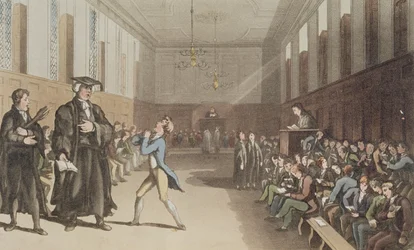 Il severo precettore, con il suo minaccioso cenno, richiama la saggia correzione della verga, da A Compendious Treatise on Modern Education, 1802 (tavola incisa colorata a mano)