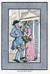 Venditore di fiori ambulante, che si avvicina a un gentiluomo sorridente con un piccolo mazzo di rose (1819). Incisione su legno, basata su un dipinto di Thomas Rowlandson (1756-1827), pubblicata in The Cries of London