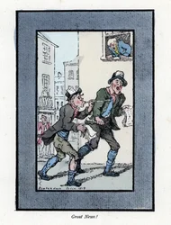 Due venditori di giornali con lunghi fischietti che vendono giornali in una strada di Londra. Incisione su legno, basata su un dipinto di Thomas Rowlandson (1756-1827), pubblicata in The Cris of London: con sei bambini affascinanti e quasi 40 illustrazioni