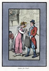 Donna che paga e mette una lettera in una borsa portata da un impiegato della Royal Post Office britannica (incisione su legno, basata su un dipinto di Thomas Rowlandson)