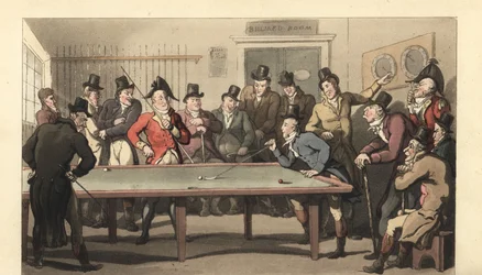 Giovani gentiluomini inglesi che giocano a biliardo