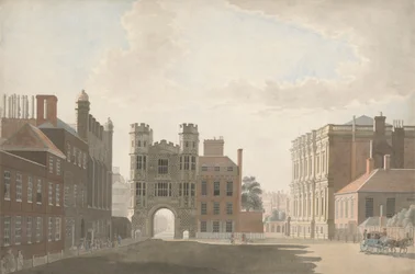 Whitehall che mostra la Porta di Holbein e la Sala dei banchetti