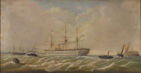 Nave da trasporto truppe HM Euphrates arrivando a Spithead da Bombay, 5 dicembre 1879, riportando a casa il 3°