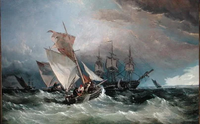 Pescherecci di gamberi al largo del Nore, Sheerness in lontananza, c.1854