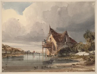 Un fiume e un cottage con staccionata bianca