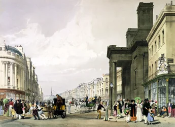 Regent Street verso il Quadrante con la Cappella di Hannover in primo piano e i clienti che passeggiano, 1842