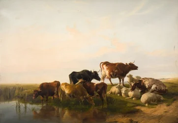 Paesaggio con bovini e pecore