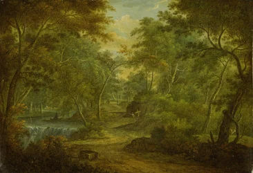 Paesaggio boscoso con un ruscello e un pescatore