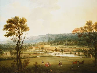 Vista estesa di Chatsworth, Derbyshire dal sud-ovest