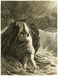 Robinson Crusoe naufragato e aggrappato a una roccia da 