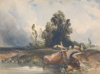 Paesaggio con canale e chiusa; figure alla chiusa