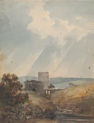 Paesaggio con castello, colline e montagne