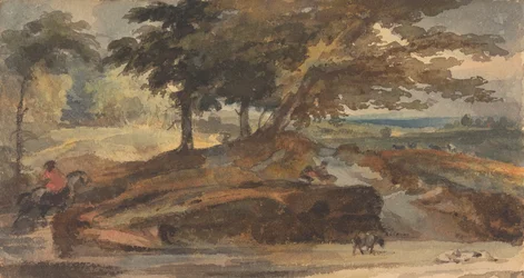 Paesaggio con collina con alberi, figura a cavallo