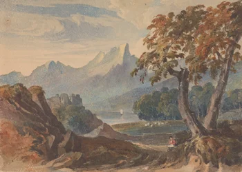 Paesaggio con Montagne, Lago, Castello, Figura Seduta in Primo Piano