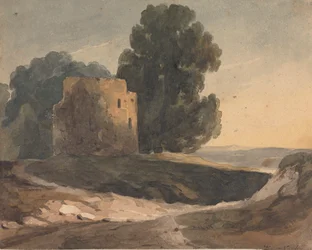 Paesaggio con castello in rovina, alberi