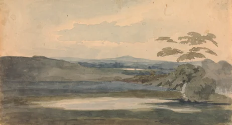 Paesaggio con alberi e montagne, lago in primo piano
