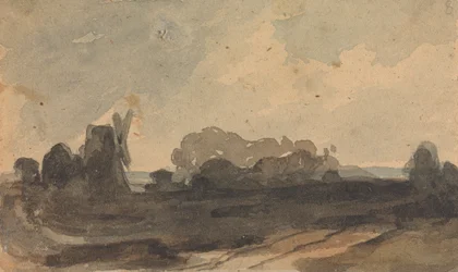 Paesaggio con alberi e mulino a vento