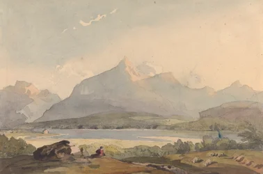 Paesaggio Montuoso con Lago e Figura in Primo Piano