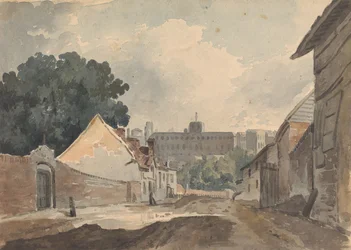 Scena di strada, fiancheggiata da edifici