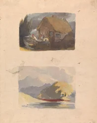 Due disegni su un foglio: Cottage con figure davanti (n. 15); Paesaggio con fiume e montagne - Sole (n. 16)