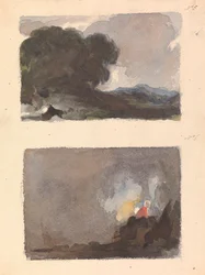 Due Disegni su un Foglio: Paesaggio con Albero in Primo Piano e Montagne in Lontananza - Principio di Hobbema e Ruysdael (n. 5); Figura in Scena Interna - Principio di Teniers e Ostade (n. 6)