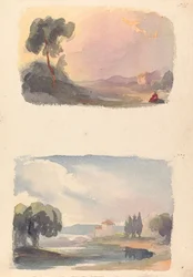 Due disegni su un foglio: Paesaggio con montagne in lontananza e figure sedute in primo piano (n. 1); Paesaggio con fiume e edificio, montagne in lontananza (n. 2)