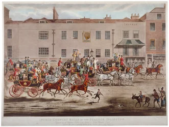 Diligenze postali davanti al Peacock Inn su Islington High Street, Londra, 1823