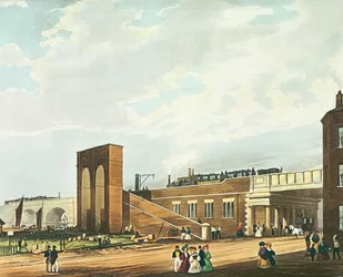 Ingresso a Manchester attraverso Water Street, inciso da Henry Pyall, pubblicato da Ackermann e Co., 1831