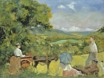 Paesaggio con donna su un carretto trainato da asino