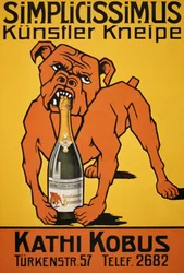 Poster vintage di bulldog che morde una bottiglia di champagne