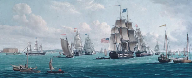 La nave U.S. Franklin, con una vista della baia di New York, 1820 o 1830