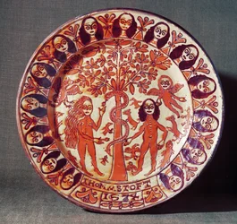 Piatto in maiolica di Adamo ed Eva, North Staffordshire, 1674