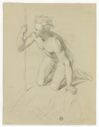 Uomo nudo inginocchiato, con il bastone in mano (recto); panorama alpino (verso)
