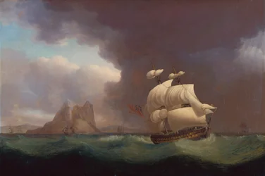 Una nave a due ponti e altre imbarcazioni in tempesta al largo di Gibilterra