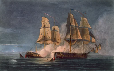 Cattura della Thetis da parte della HMS Amethyst, 10 Novembre 1808, inciso da T. Sutherland per 
