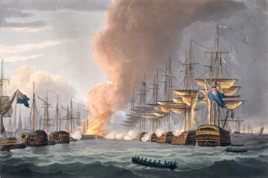 Distruzione della flotta danese davanti a Copenaghen, 2 aprile 1801, inciso da Thomas Sutherland per 