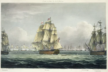 HMS Victory in navigazione verso la linea francese, fiancheggiata dalla Euryalus e dalla HMS Temeraire nella battaglia di Trafalgar, 21 ottobre 1805, incisa da T. Sutherland per „The Naval Chronology of Great Britain“