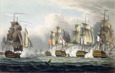Situazione della HMS Bellerophon dopo la morte del suo comandante, Captain Cooke, nella battaglia di Trafalgar, 21 ottobre 1805, incisa da T. Sutherland per «The Naval Chronology of Great Britain»