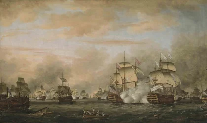 La battaglia delle Saintes, 12 aprile 1782. HMS Barfleur attacca la nave ammiraglia francese Ville de Paris