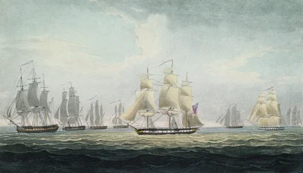 La manovra navale di Sir Graham Moore (1764-1843), comandante della squadra di quattro fregate della Royal Navy britannica, che catturò una flotta del tesoro spagnola al largo di Cadice, Spagna, il 5 ottobre