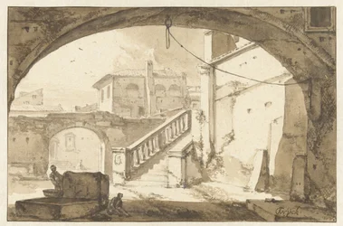 Veduta attraverso un arco su un cortile italiano