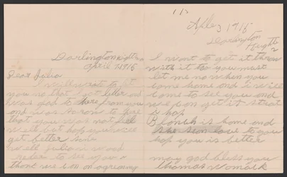Lettera di Thomas Womack a Julia Womack con busta, 7 aprile 1915