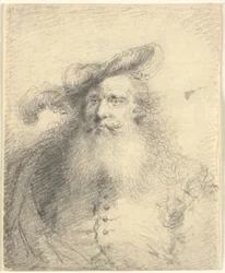 Ritratto di uomo barbuto con cappello piumato